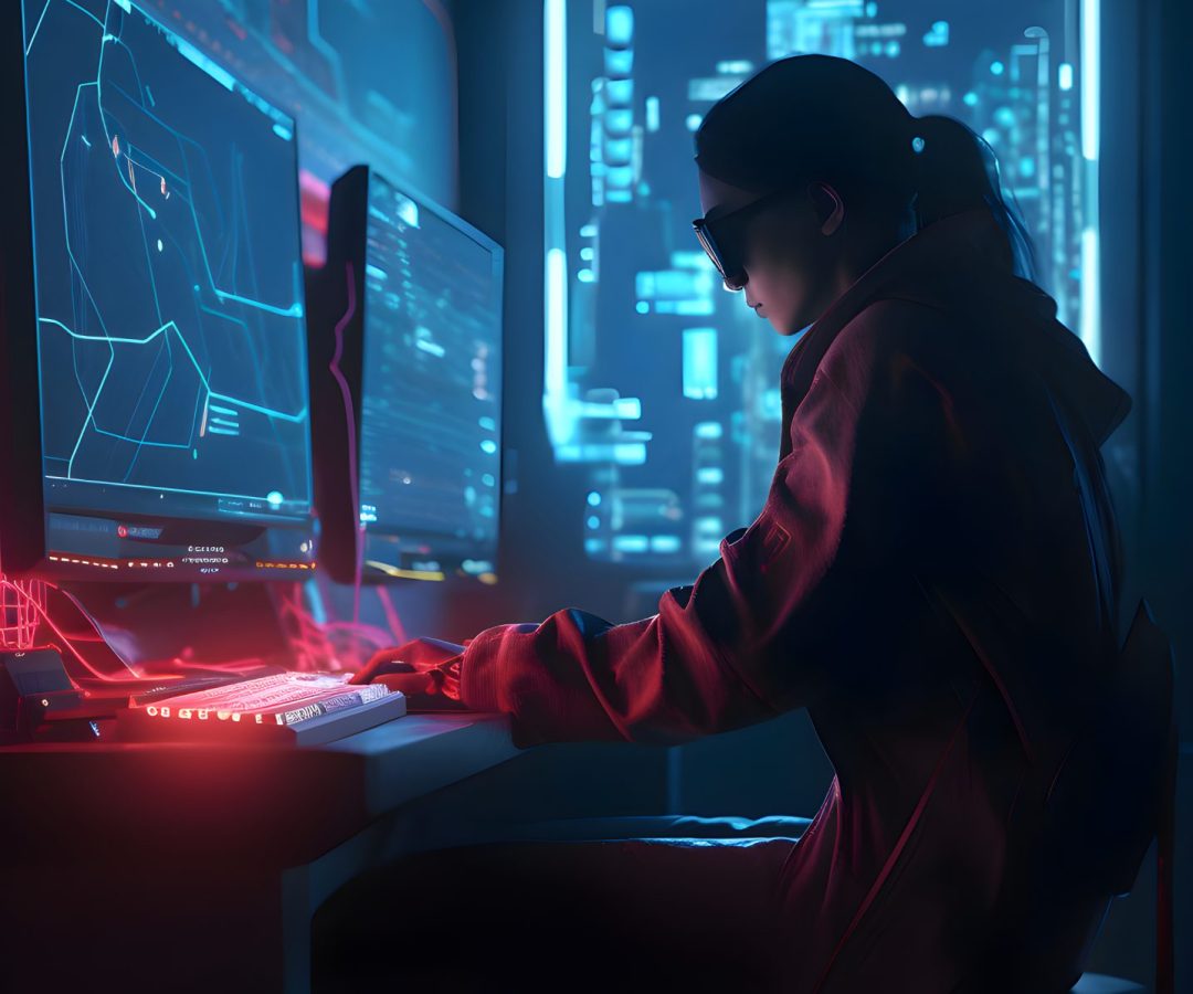 Young hacker in hoodie using computer in dark room. Cyber attack concept.